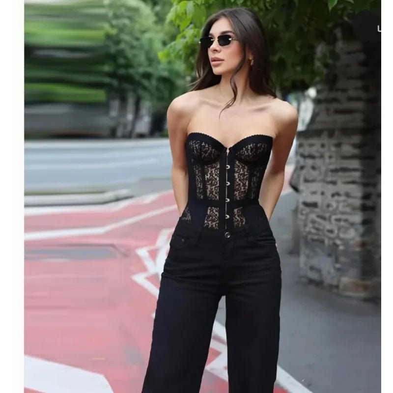 Spring and summer Amazon cross - border sexy lace corset Spice girl sweet cool style one - word collar tube top shapewear women - MAGUSTA BEAUTY