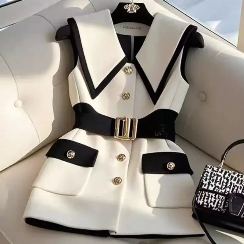 Spring Summer Jacket Vest Color Block Coffee Sleeveless Blazers Waistcoat Retro Female Outerwear All - match Fashion Office Lady - MAGUSTA BEAUTY