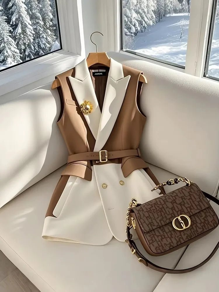 Spring Summer Jacket Vest Color Block Coffee Sleeveless Blazers Waistcoat Retro Female Outerwear All - match Fashion Office Lady - MAGUSTA BEAUTY