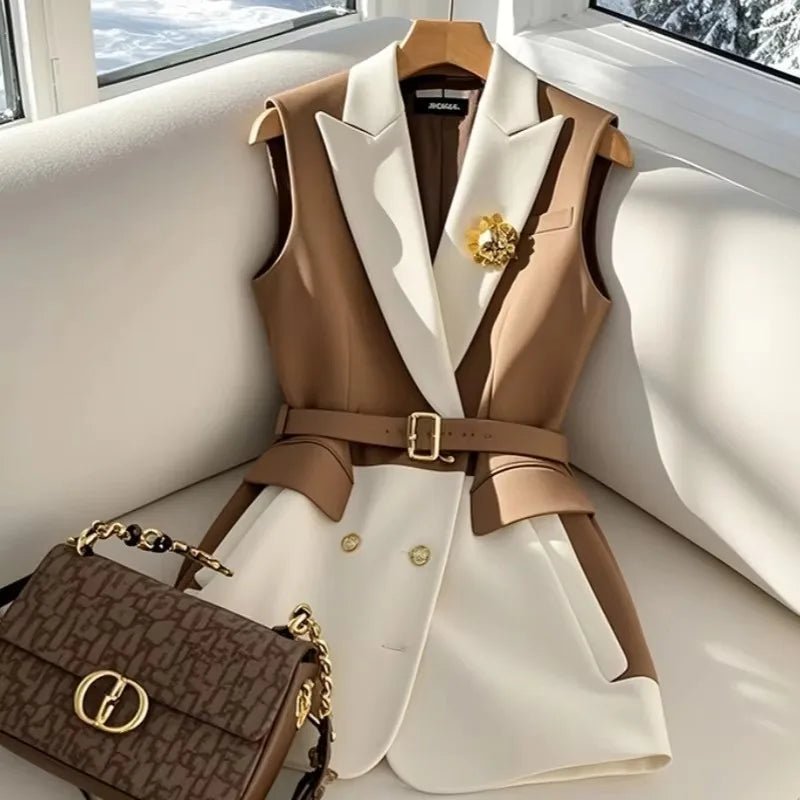 Spring Summer Jacket Vest Color Block Coffee Sleeveless Blazers Waistcoat Retro Female Outerwear All - match Fashion Office Lady - MAGUSTA BEAUTY