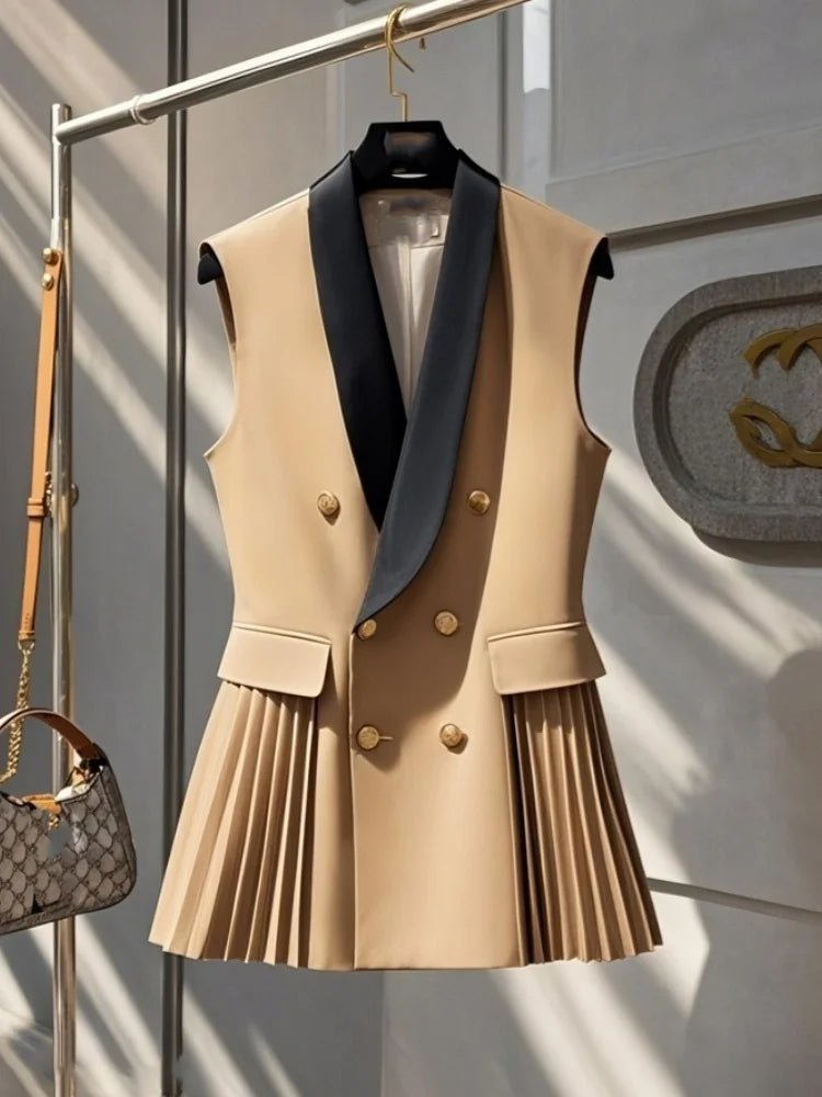 Spring Summer Jacket Vest Color Block Coffee Sleeveless Blazers Waistcoat Retro Female Outerwear All - match Fashion Office Lady - MAGUSTA BEAUTY
