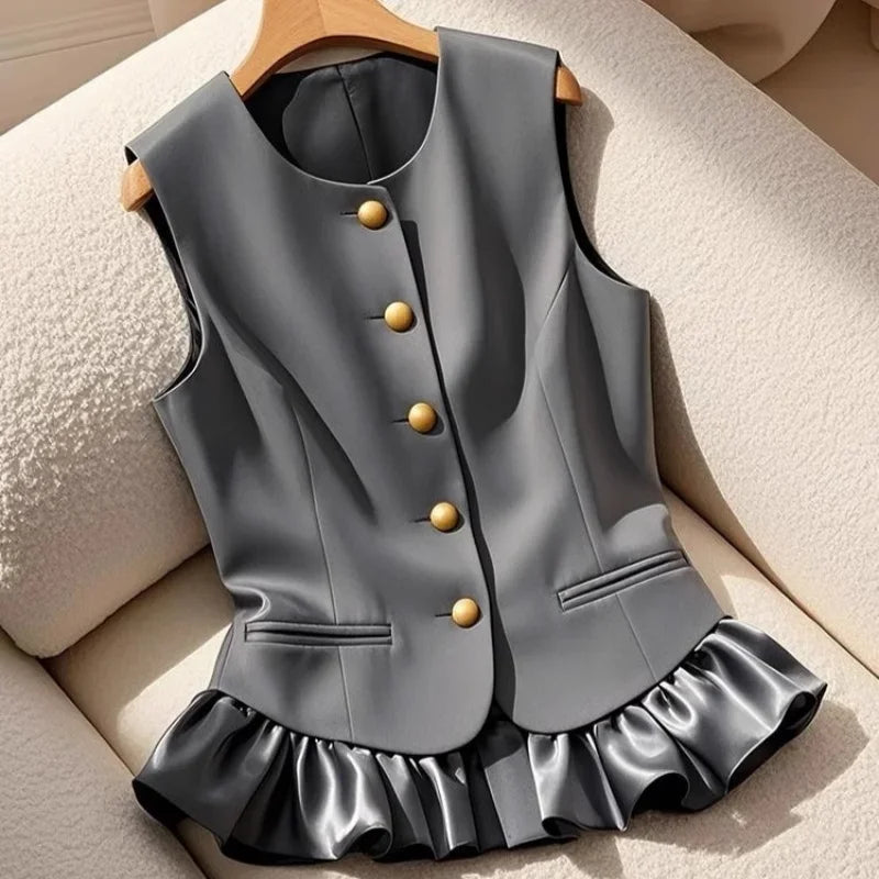 Spring Summer Jacket Vest Color Block Coffee Sleeveless Blazers Waistcoat Retro Female Outerwear All - match Fashion Office Lady - MAGUSTA BEAUTY