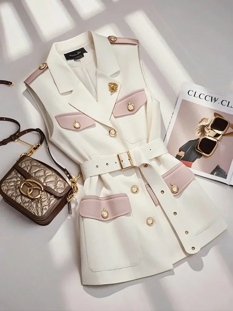 Spring Summer Jacket Vest Color Block Coffee Sleeveless Blazers Waistcoat Retro Female Outerwear All - match Fashion Office Lady - MAGUSTA BEAUTY