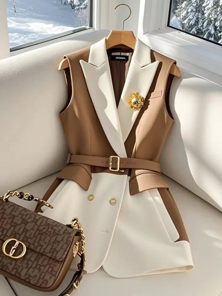 Spring Summer Jacket Vest Color Block Coffee Sleeveless Blazers Waistcoat Retro Female Outerwear All - match Fashion Office Lady - MAGUSTA BEAUTY
