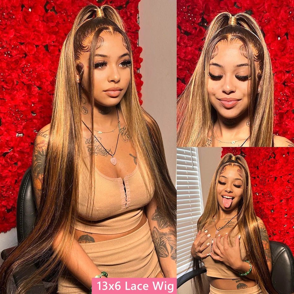 straight highlight wig human hair hd lace wig 13x6 human hair ombre honey blonde colored straight lace front wigs human hair - MAGUSTA BEAUTY