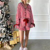 Striped Loungewear Christmas Pajamas Shorts Set Women Y2k Cute Bow Tie Pjs Button Up Shirt+Ruffle Shorts 2 Piece Sleepwear - MAGUSTA BEAUTY