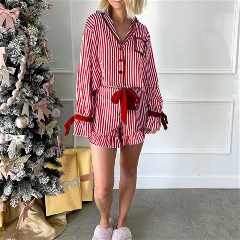 Striped Loungewear Christmas Pajamas Shorts Set Women Y2k Cute Bow Tie Pjs Button Up Shirt+Ruffle Shorts 2 Piece Sleepwear - MAGUSTA BEAUTY