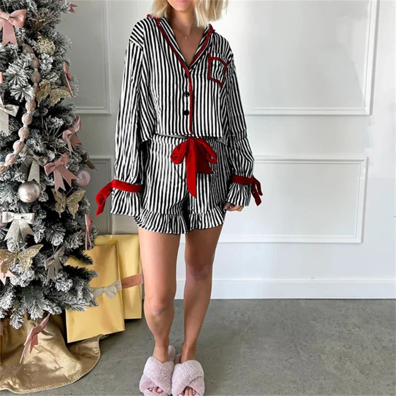 Striped Loungewear Christmas Pajamas Shorts Set Women Y2k Cute Bow Tie Pjs Button Up Shirt+Ruffle Shorts 2 Piece Sleepwear - MAGUSTA BEAUTY