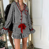 Striped Loungewear Christmas Pajamas Shorts Set Women Y2k Cute Bow Tie Pjs Button Up Shirt+Ruffle Shorts 2 Piece Sleepwear - MAGUSTA BEAUTY