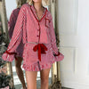 Striped Loungewear Christmas Pajamas Shorts Set Women Y2k Cute Bow Tie Pjs Button Up Shirt+Ruffle Shorts 2 Piece Sleepwear - MAGUSTA BEAUTY