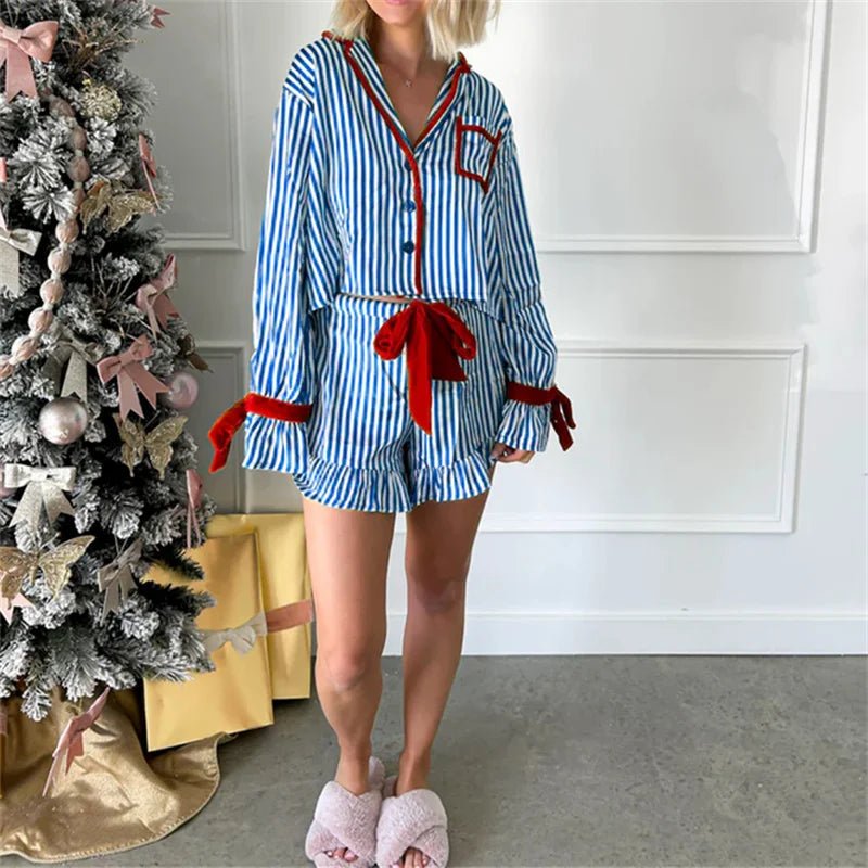 Striped Loungewear Christmas Pajamas Shorts Set Women Y2k Cute Bow Tie Pjs Button Up Shirt+Ruffle Shorts 2 Piece Sleepwear - MAGUSTA BEAUTY