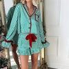 Striped Loungewear Christmas Pajamas Shorts Set Women Y2k Cute Bow Tie Pjs Button Up Shirt+Ruffle Shorts 2 Piece Sleepwear - MAGUSTA BEAUTY