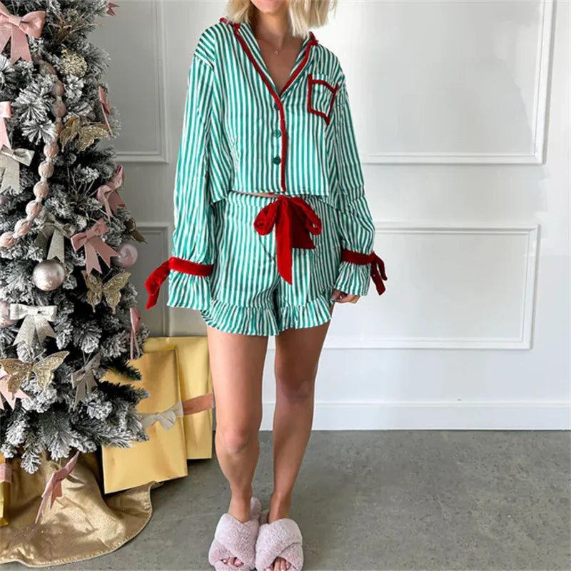 Striped Loungewear Christmas Pajamas Shorts Set Women Y2k Cute Bow Tie Pjs Button Up Shirt+Ruffle Shorts 2 Piece Sleepwear - MAGUSTA BEAUTY