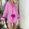Striped Loungewear Christmas Pajamas Shorts Set Women Y2k Cute Bow Tie Pjs Button Up Shirt+Ruffle Shorts 2 Piece Sleepwear - MAGUSTA BEAUTY
