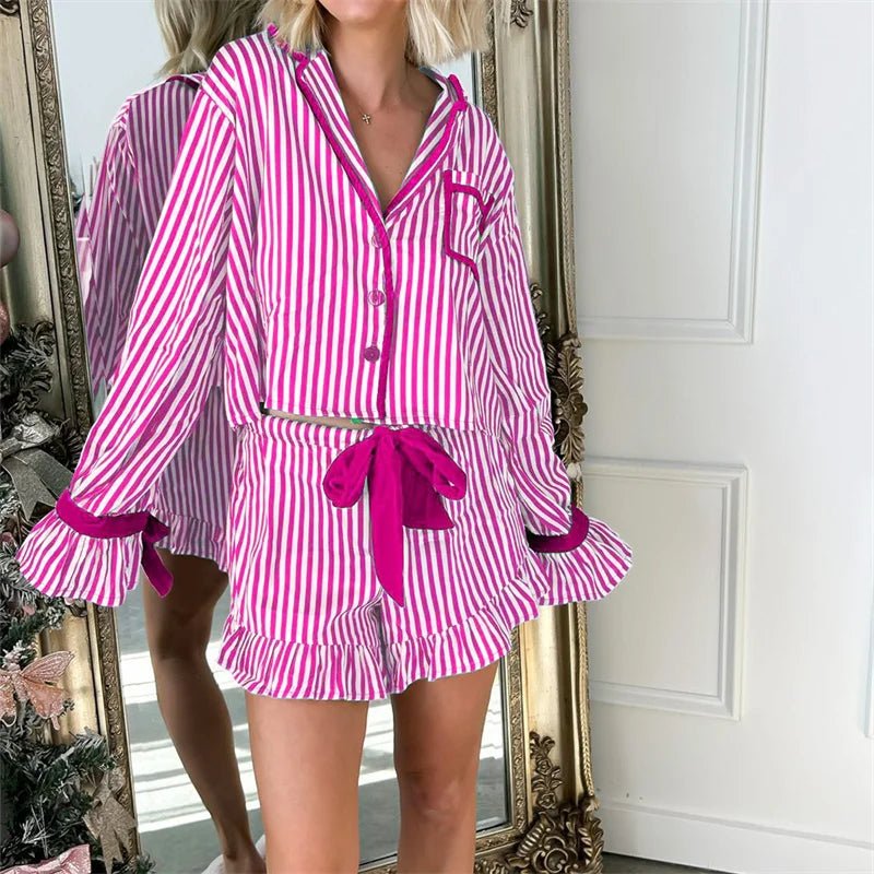 Striped Loungewear Christmas Pajamas Shorts Set Women Y2k Cute Bow Tie Pjs Button Up Shirt+Ruffle Shorts 2 Piece Sleepwear - MAGUSTA BEAUTY