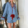Striped Loungewear Christmas Pajamas Shorts Set Women Y2k Cute Bow Tie Pjs Button Up Shirt+Ruffle Shorts 2 Piece Sleepwear - MAGUSTA BEAUTY