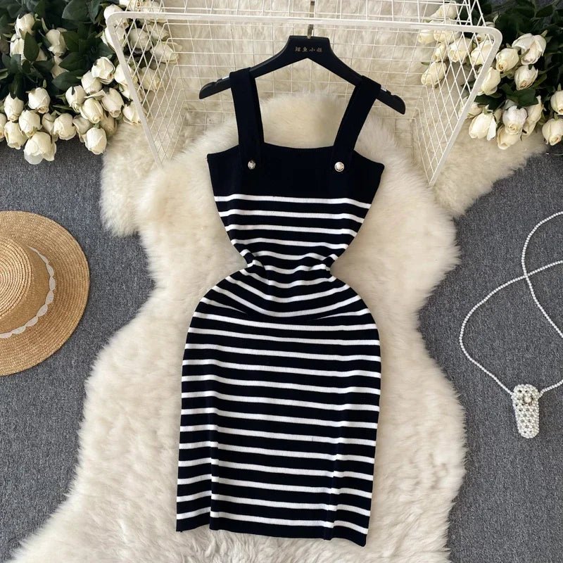 Striple 2024 Sexy Summer Knit Strap Dress Women Tank Elatic Waist Bodycon Sundress Female Beach Backless Midi Dress - MAGUSTA BEAUTY