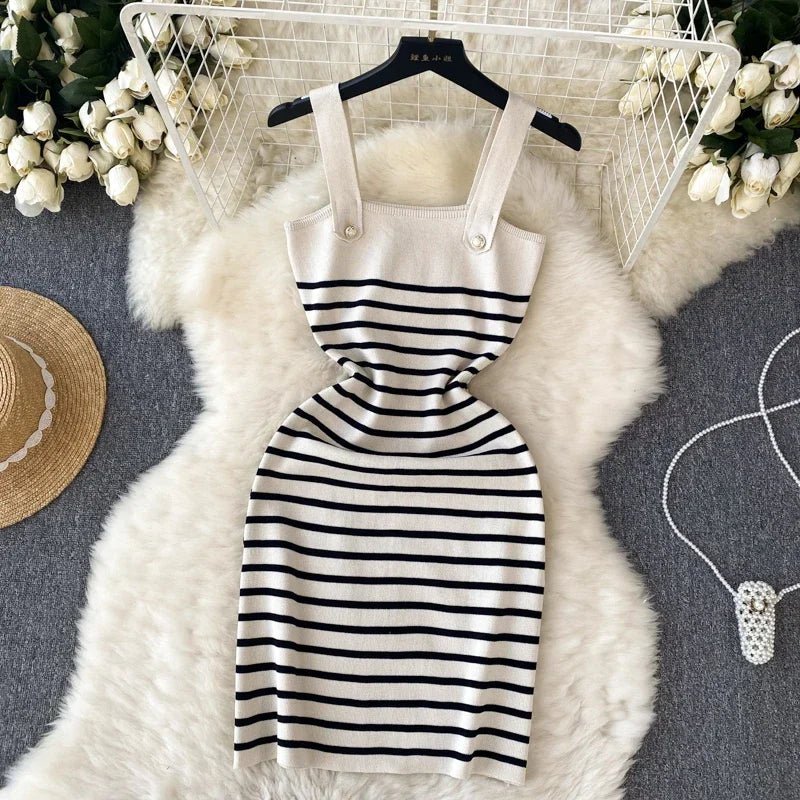 Striple 2024 Sexy Summer Knit Strap Dress Women Tank Elatic Waist Bodycon Sundress Female Beach Backless Midi Dress - MAGUSTA BEAUTY