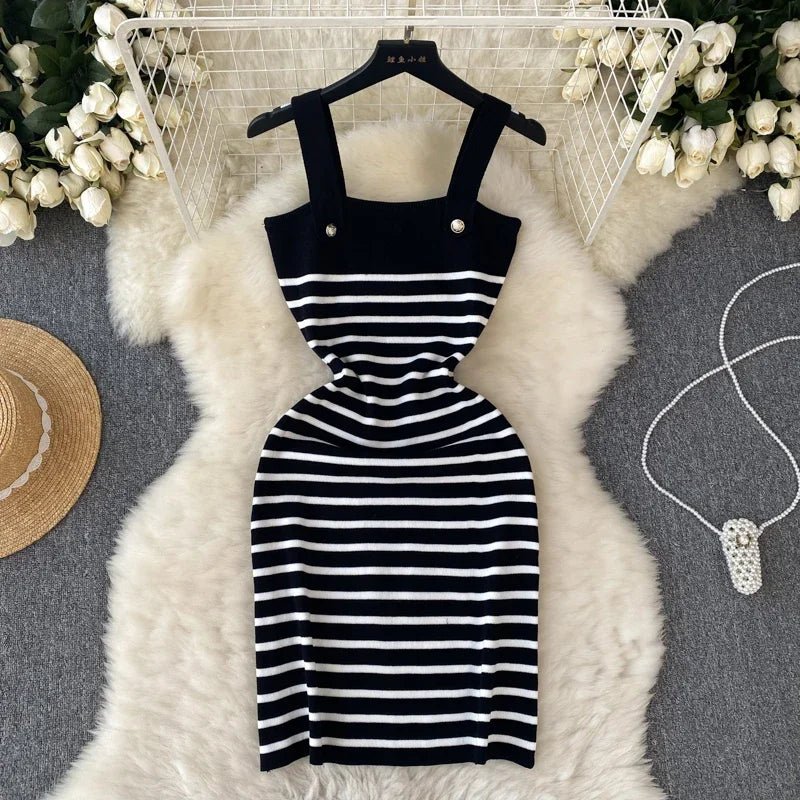 Striple 2024 Sexy Summer Knit Strap Dress Women Tank Elatic Waist Bodycon Sundress Female Beach Backless Midi Dress - MAGUSTA BEAUTY