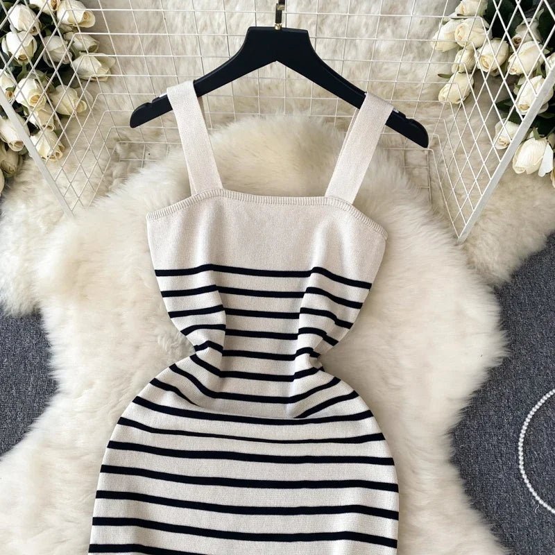 Striple 2024 Sexy Summer Knit Strap Dress Women Tank Elatic Waist Bodycon Sundress Female Beach Backless Midi Dress - MAGUSTA BEAUTY