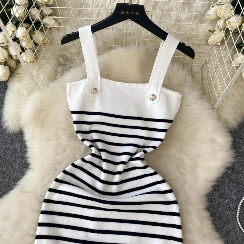Striple 2024 Sexy Summer Knit Strap Dress Women Tank Elatic Waist Bodycon Sundress Female Beach Backless Midi Dress - MAGUSTA BEAUTY