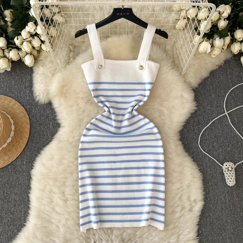 Striple 2024 Sexy Summer Knit Strap Dress Women Tank Elatic Waist Bodycon Sundress Female Beach Backless Midi Dress - MAGUSTA BEAUTY