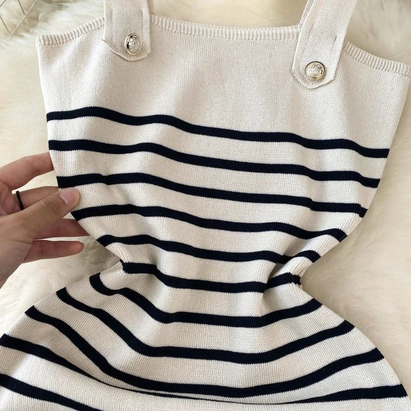 Striple 2024 Sexy Summer Knit Strap Dress Women Tank Elatic Waist Bodycon Sundress Female Beach Backless Midi Dress - MAGUSTA BEAUTY
