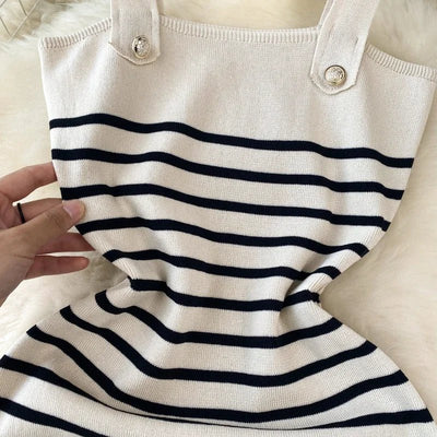 Striple 2024 Sexy Summer Knit Strap Dress Women Tank Elatic Waist Bodycon Sundress Female Beach Backless Midi Dress - MAGUSTA BEAUTY