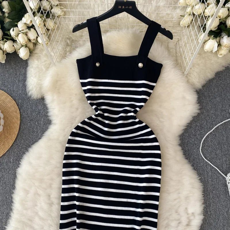 Striple 2024 Sexy Summer Knit Strap Dress Women Tank Elatic Waist Bodycon Sundress Female Beach Backless Midi Dress - MAGUSTA BEAUTY