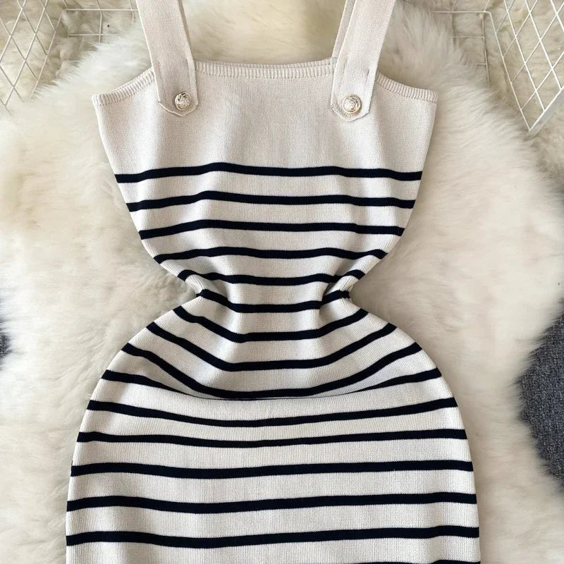 Striple 2024 Sexy Summer Knit Strap Dress Women Tank Elatic Waist Bodycon Sundress Female Beach Backless Midi Dress - MAGUSTA BEAUTY