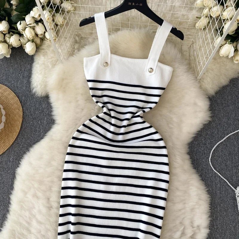 Striple 2024 Sexy Summer Knit Strap Dress Women Tank Elatic Waist Bodycon Sundress Female Beach Backless Midi Dress - MAGUSTA BEAUTY