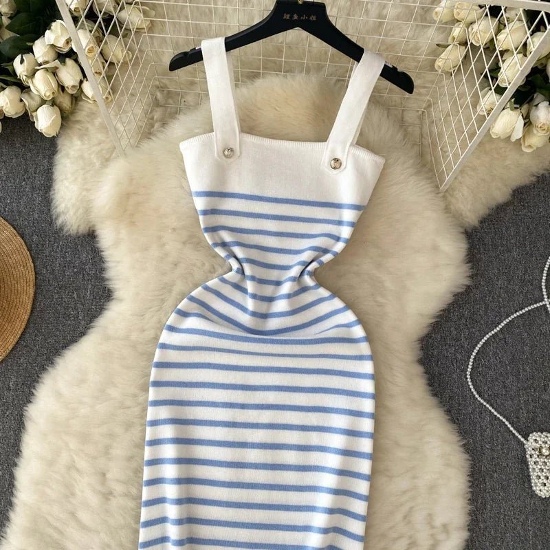Striple 2024 Sexy Summer Knit Strap Dress Women Tank Elatic Waist Bodycon Sundress Female Beach Backless Midi Dress - MAGUSTA BEAUTY