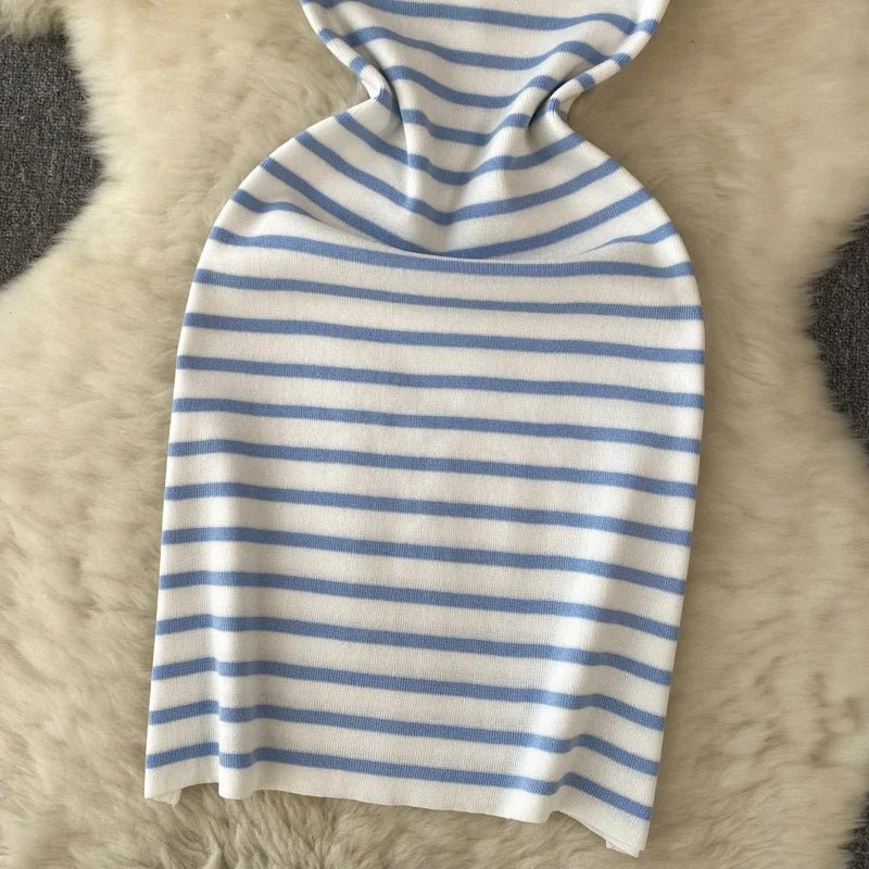 Striple 2024 Sexy Summer Knit Strap Dress Women Tank Elatic Waist Bodycon Sundress Female Beach Backless Midi Dress - MAGUSTA BEAUTY