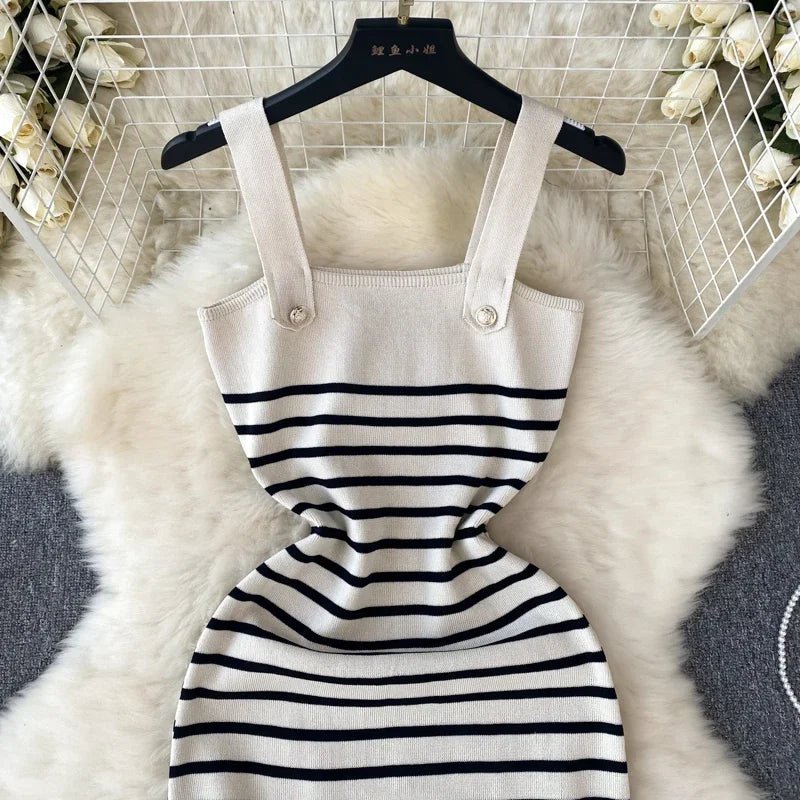 Striple 2024 Sexy Summer Knit Strap Dress Women Tank Elatic Waist Bodycon Sundress Female Beach Backless Midi Dress - MAGUSTA BEAUTY