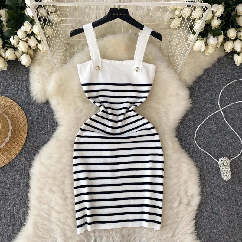 Striple 2024 Sexy Summer Knit Strap Dress Women Tank Elatic Waist Bodycon Sundress Female Beach Backless Midi Dress - MAGUSTA BEAUTY