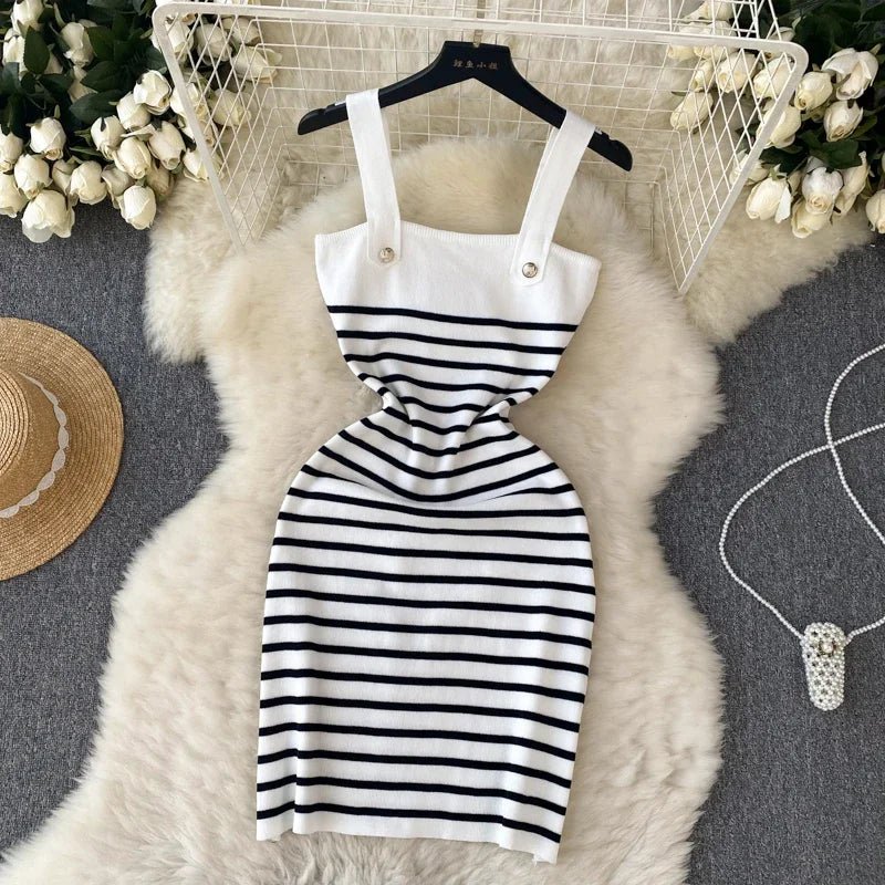 Striple 2024 Sexy Summer Knit Strap Dress Women Tank Elatic Waist Bodycon Sundress Female Beach Backless Midi Dress - MAGUSTA BEAUTY