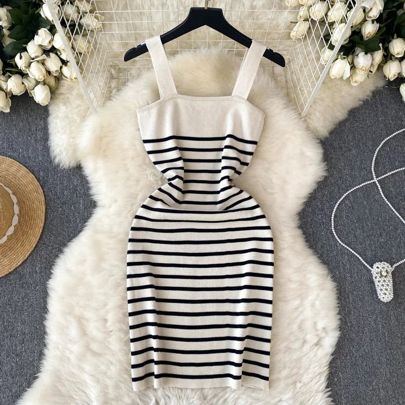 Striple 2024 Sexy Summer Knit Strap Dress Women Tank Elatic Waist Bodycon Sundress Female Beach Backless Midi Dress - MAGUSTA BEAUTY