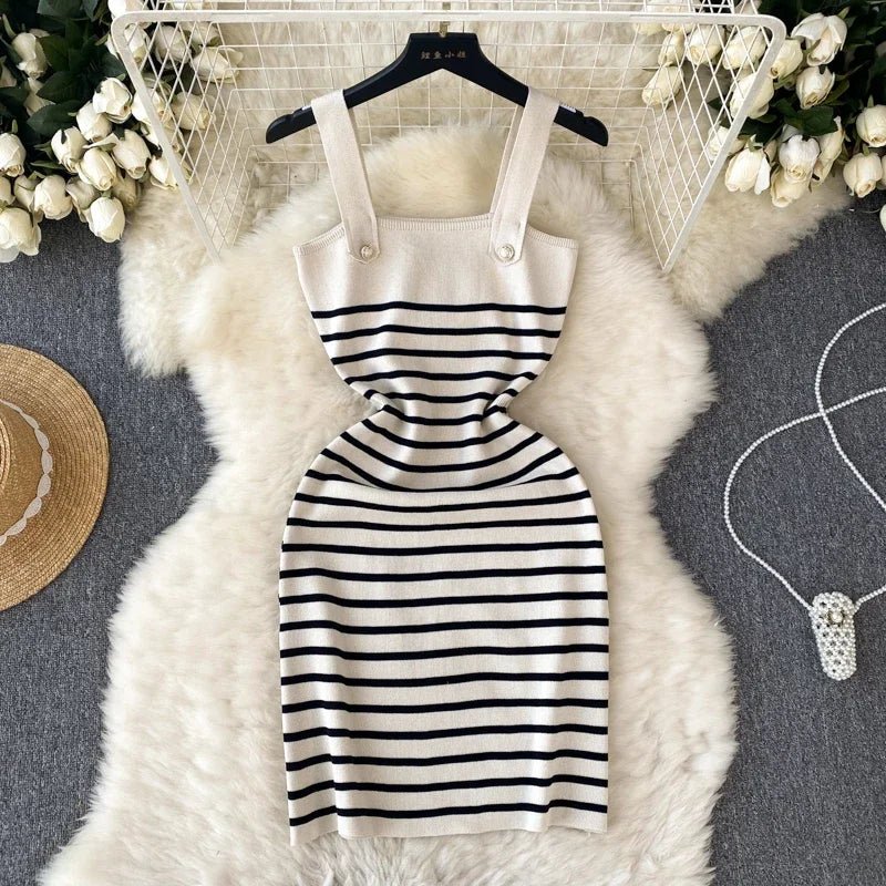 Striple 2024 Sexy Summer Knit Strap Dress Women Tank Elatic Waist Bodycon Sundress Female Beach Backless Midi Dress - MAGUSTA BEAUTY