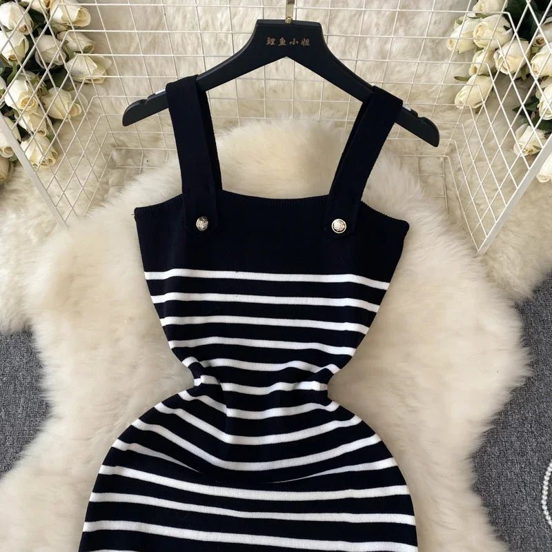 Striple 2024 Sexy Summer Knit Strap Dress Women Tank Elatic Waist Bodycon Sundress Female Beach Backless Midi Dress - MAGUSTA BEAUTY