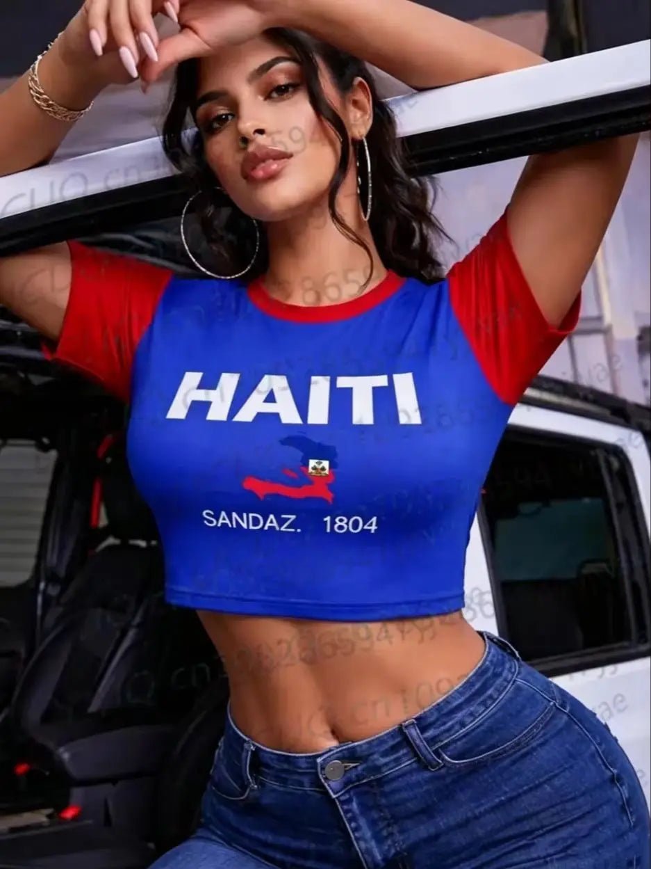 Summer 2026 New Women's Haiti Flag Print Football Jersey Round Neck Short Sleeve Jersey Cheerleaders Crop Top T-shirt - MAGUSTA BEAUTY