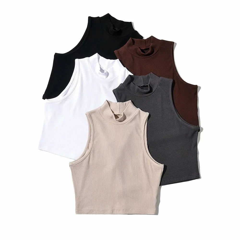Summer Black Women Fashion Crop Top High Neck White Sleeveless Tank Tops 5 Colors - MAGUSTA BEAUTY