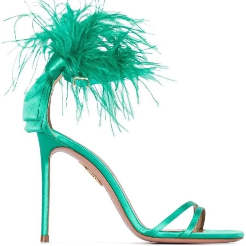 Summer new feather flower silk ribbon sexy open-toe sandals thin high-heeled banquet dress fashionable large-size women's shoes - MAGUSTA BEAUTY