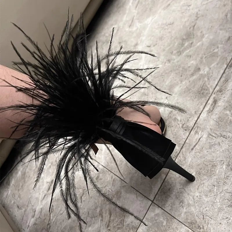Summer new feather flower silk ribbon sexy open-toe sandals thin high-heeled banquet dress fashionable large-size women's shoes - MAGUSTA BEAUTY