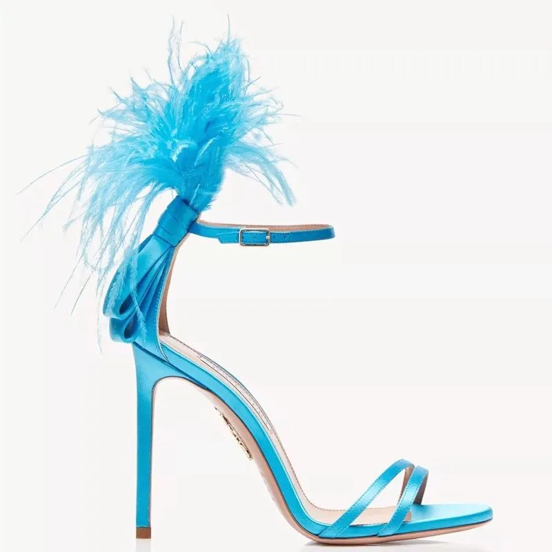 Summer new feather flower silk ribbon sexy open-toe sandals thin high-heeled banquet dress fashionable large-size women's shoes - MAGUSTA BEAUTY