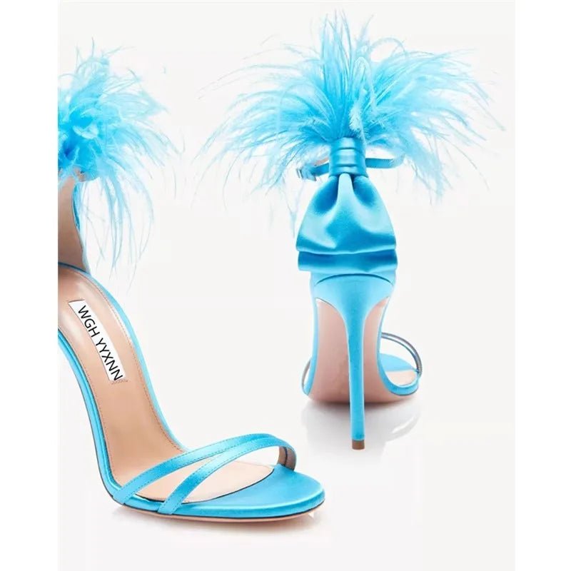 Summer new feather flower silk ribbon sexy open-toe sandals thin high-heeled banquet dress fashionable large-size women's shoes - MAGUSTA BEAUTY