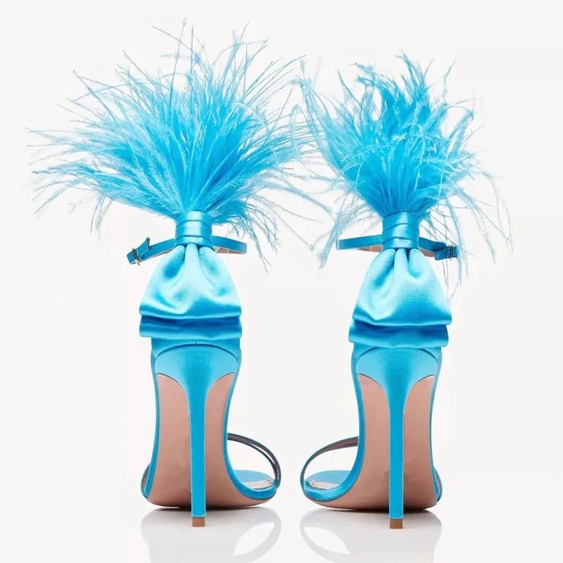 Summer new feather flower silk ribbon sexy open-toe sandals thin high-heeled banquet dress fashionable large-size women's shoes - MAGUSTA BEAUTY