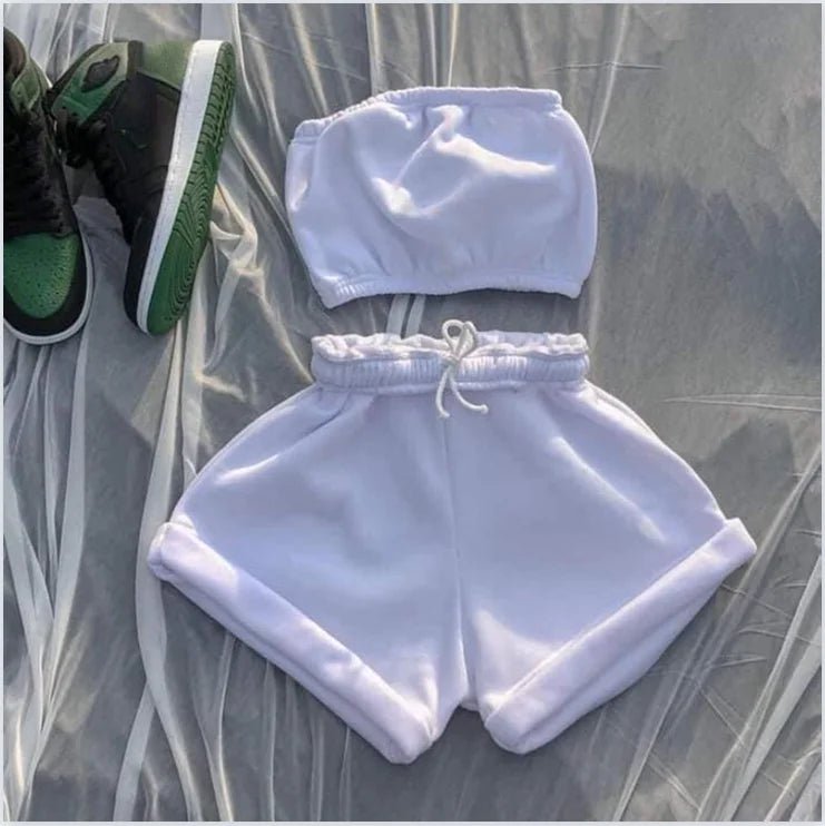 Summer New Solid Color Lace Up Tracksuits Women Sleeveless Backless Tube And Shorts Two Piece Sets Casual 2pcs Outfits - MAGUSTA BEAUTY
