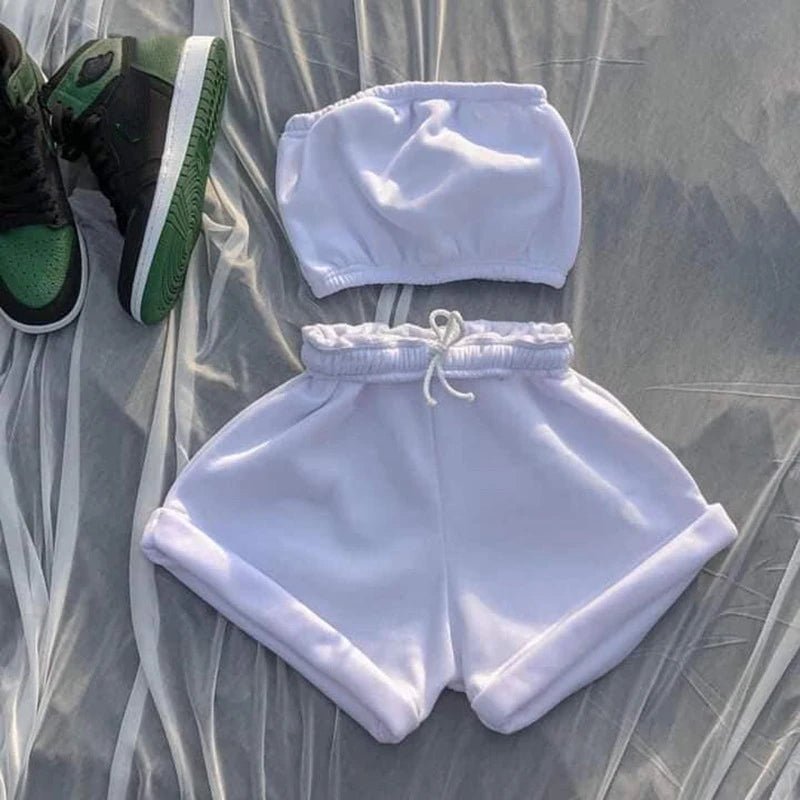 Summer New Solid Color Lace Up Tracksuits Women Sleeveless Backless Tube And Shorts Two Piece Sets Casual 2pcs Outfits - MAGUSTA BEAUTY