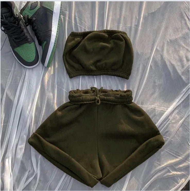 Summer New Solid Color Lace Up Tracksuits Women Sleeveless Backless Tube And Shorts Two Piece Sets Casual 2pcs Outfits - MAGUSTA BEAUTY