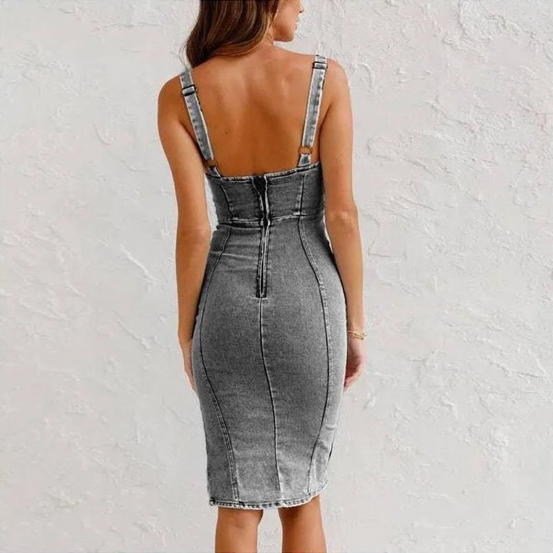 Summer New U Neck Halter Denim For Women's Dresses Fashion Slim Fit Wrap Hip Retro Female Party Sexy Split Denim Dresses - MAGUSTA BEAUTY